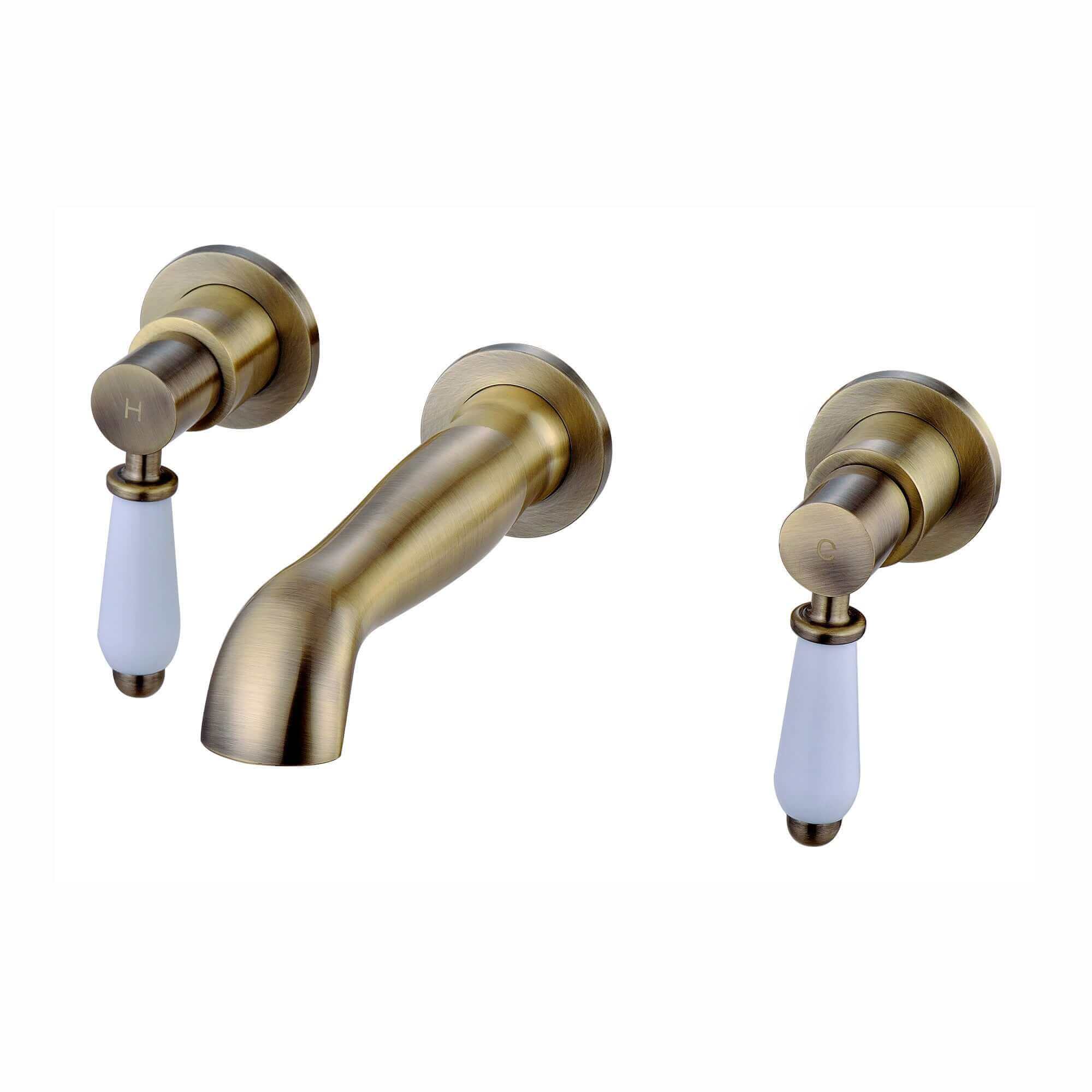 Buy Downton wall-mount basin mixer tap 3 hole with white ceramic levers - antique brass Online UK | HOUSE OF ENKI